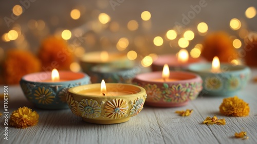 Colorful candles lit for celebration with marigold flowers and glowing lights in the background