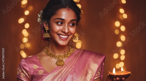 Woman in traditional outfit celebrates festival with diyas and joyful smile in a warm, decorated setting during evening time