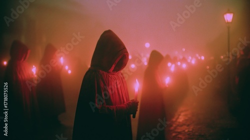 Mysterious gathering of cloaked figures holding candles in a foggy setting during nighttime