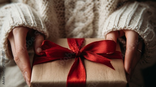 Gift wrapped in brown paper with red ribbon held gently by hands wearing a cozy sweater indoors