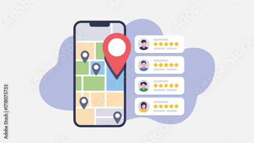 Vector art of smartphone displaying a map with location pins and user reviews