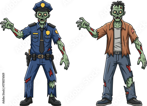 PrintCartoon zombie policeman illustration, scary undead cop character, creepy male zombie design, spooky horror monster, Halloween apocalypse infected vector artwork