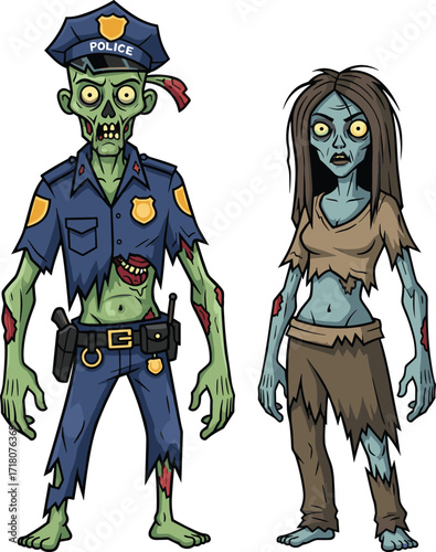 PrintCartoon zombie policeman, creepy female zombie, scary undead characters, spooky horror illustration, Halloween monster design, infected apocalypse creature, vector drawing