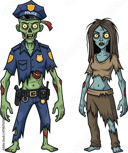 PrintCartoon zombie policeman, scary undead cop character, creepy female zombie, spooky horror monster, Halloween design, infected apocalypse creature, vector illustration