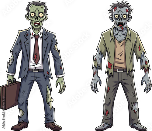 PrintCartoon zombies illustration, business zombie with briefcase, casual zombie character, funny undead artwork, Halloween horror design, spooky monster clipart, creepy walking dead vector
