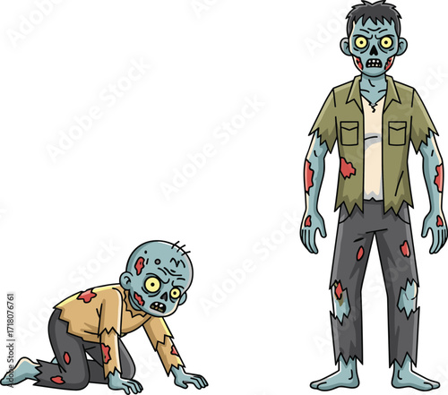 PrintCreepy cartoon zombie characters illustration, scary undead man and crawling monster boy, spooky halloween horror artwork, walking dead ghoul vector design