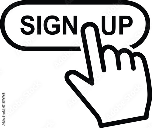 Finger cursor clicking on a sign up button with a black outline hand pointing