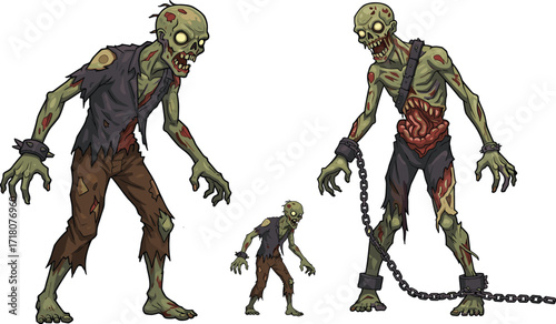 PrintCreepy cartoon zombie couple illustration with scary undead man and horrifying woman in ragged clothes, spooky horror character vector design for Halloween.
