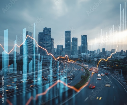 A modern city skyline with skyscrapers and a digital financial overlay, illustrating economic trends and urban life.