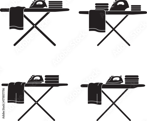 Four identical black silhouettes of ironing boards with clothes and irons silhouette