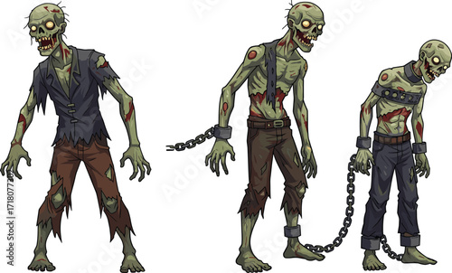 PrintCreepy cartoon zombie couple illustration with scary undead man and terrifying woman in ripped clothes, spooky horror character vector design for Halloween.