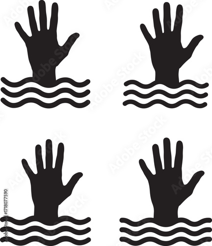 Four black hand silhouettes emerging from wavy water surface silhouette