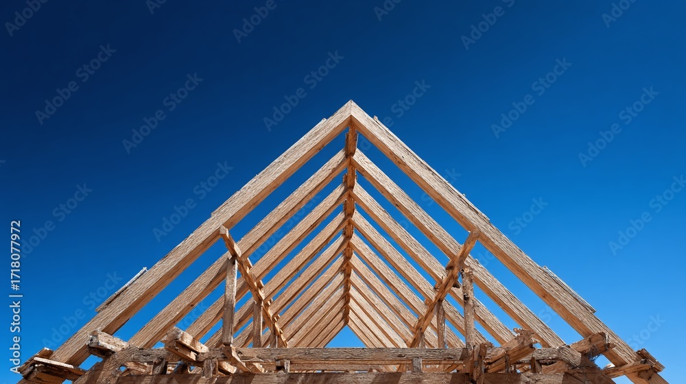 Obraz premium A dynamic composition featuring the wooden frame of a building under construction, set against the vivid backdrop of a clear blue sky.