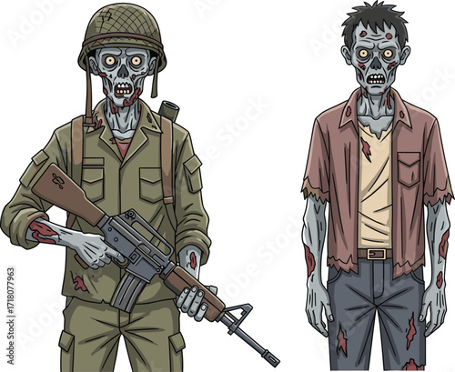 PrintCreepy zombie soldier illustration, scary undead military monster, horror apocalypse ghoul artwork, spooky walking dead cartoon figure, armed weapon Halloween creature