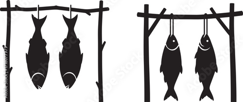Two distinct drying racks holding fish in a simple silhouette style
