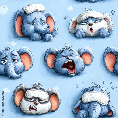 Cartoon Animals Expressing Sleepiness Seamless Pattern