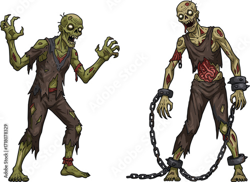 PrintScary cartoon zombie couple illustration with creepy undead man and terrifying woman in ragged clothes, spooky horror character design for Halloween vector.