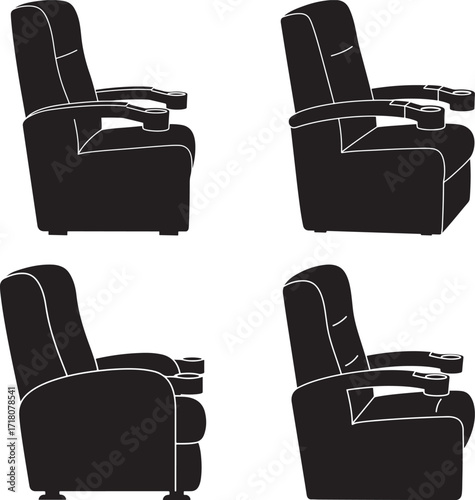 Four recliner chairs shown from different angles in silhouette