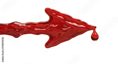Highly detailed vibrant molten crimson red liquid arrow, viscous, glossy, oozing textures, perfect luminous drop, on transparent background, dramatic low-angle macro, intense forward progress and
