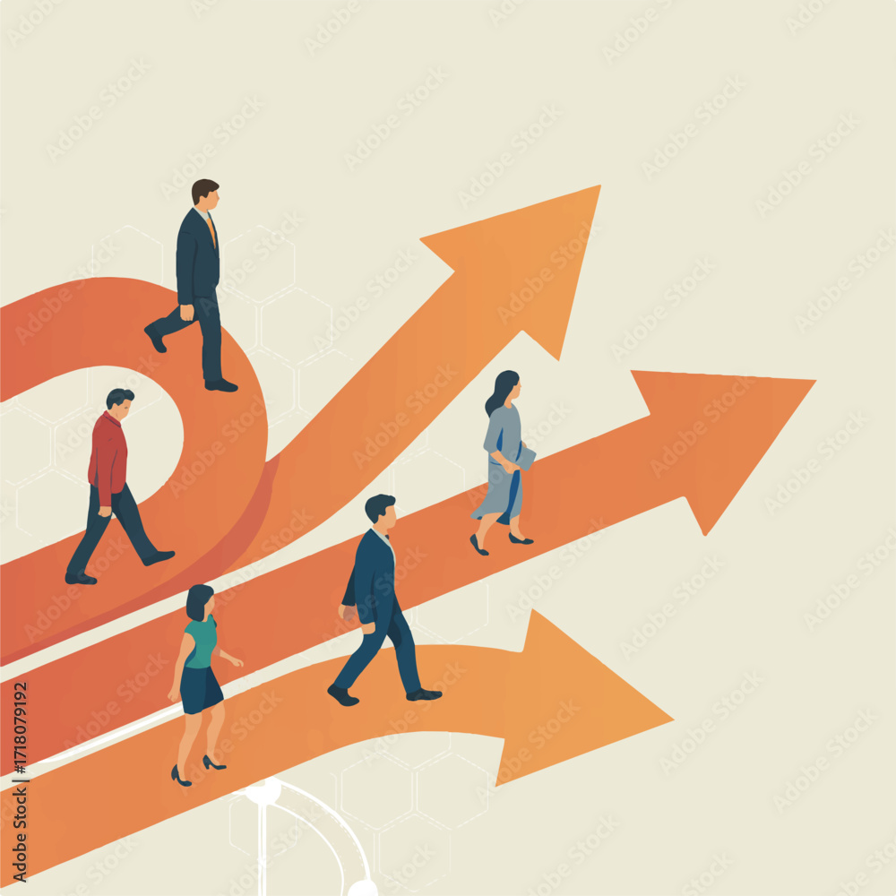 Fototapeta premium Vector art of people walking on different paths and arrows representing career growth