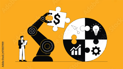 Vector art of robotic arm assembling puzzle pieces representing business strategy