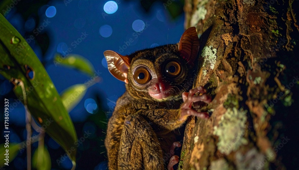 Obraz premium Tarsier Clinging to Jungle Tree Trunk with Eyes Reflecting Starlight