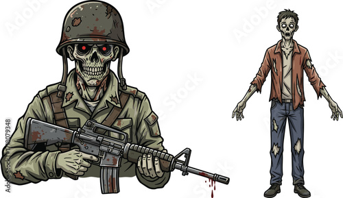 PrintScary zombie soldier illustration, creepy undead army monster, horror military apocalypse ghoul design, spooky walking dead cartoon character, bloody weapon Halloween creature