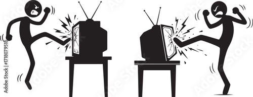 Two angry stick figures kicking and destroying old televisions silhouette