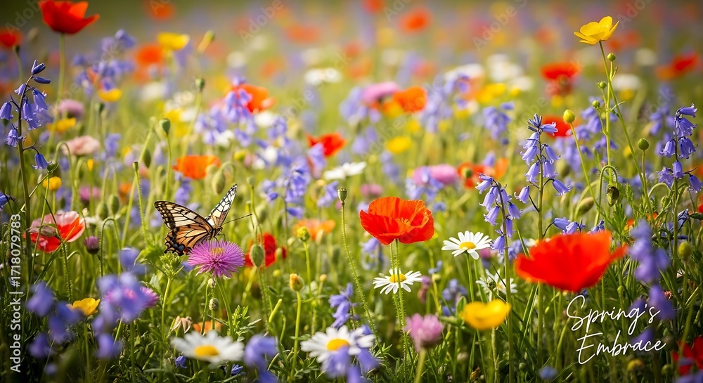 Naklejka premium field of red tulips with butterfly