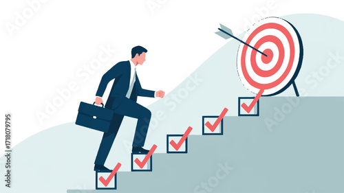 Vector art of businessman running up stairs towards a bullseye target