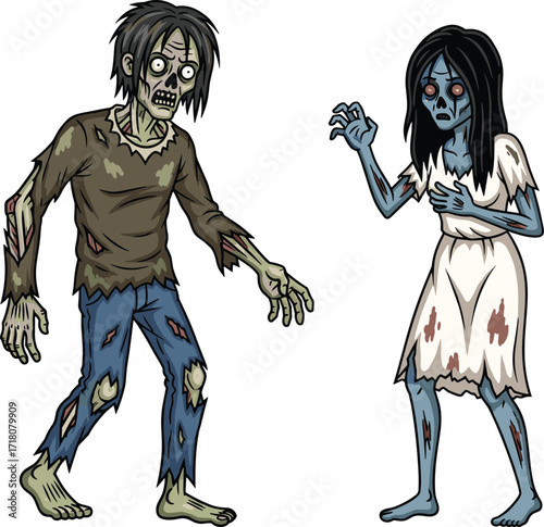 PrintScary zombie couple illustration with creepy undead man and terrifying woman in tattered clothes, spooky cartoon horror character design for Halloween.