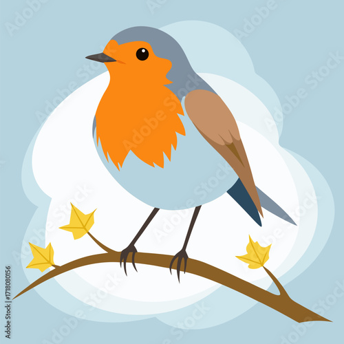 European robin, orange breast yellow flower petals on head perched on frosty branch vector on white and sky blue background.