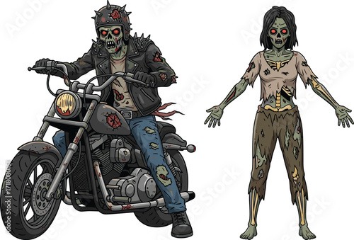 PrintZombie biker riding motorcycle illustration, scary undead rider artwork, creepy horror monster design, spooky Halloween ghoul, apocalyptic undead woman character