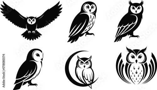 Owl icons, bird illustration, black white vector, perched owl, flying owl, moon, feathers, wildlife, isolated, set, symmetrical, design