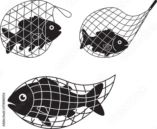 Three stylized fish caught in fishing nets silhouette