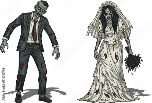 PrintZombie bride and groom characters, scary undead wedding couple artwork, creepy horror illustration, spooky cartoon lovers, apocalyptic marriage design, Halloween zombie concept