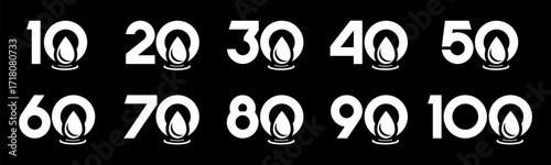 Set of collection numbers 10 to 100 with Water Drop element vector illustration. Water Drop element with numbers 10, 20, 30, 40, 50, 60, 70, 80, 90, 100 for greetings, anniversary and more.