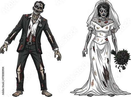 PrintZombie bride and groom illustration, scary undead wedding couple design, horror cartoon characters, spooky apocalypse love story, creepy Halloween undead marriage concept