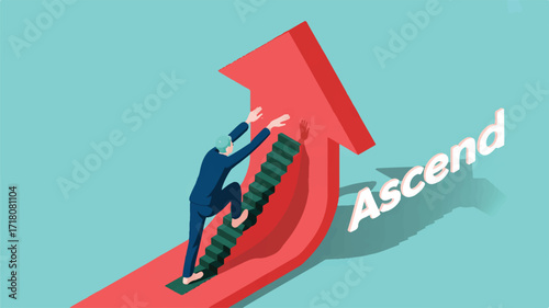 Vector art of businessman climbing stairs on upward arrow symbolizing growth