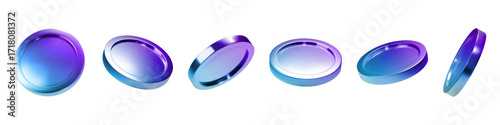 3D money. Casino coin element. Neon holographic game render or bank investment currency view angles. Paying monetary. Round token mockup. Payment reward. Vector blank metal chips set
