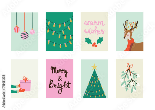 Set of cute hand drawn bright Christmas cards