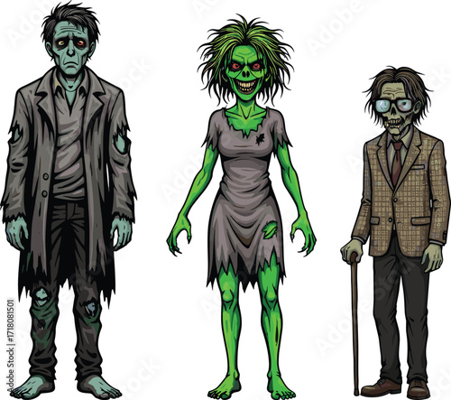 PrintZombie characters illustration, creepy undead man, scary female monster, horror walking dead elder, halloween artwork, spooky cartoon design, fantasy apocalypse scary ghoul
