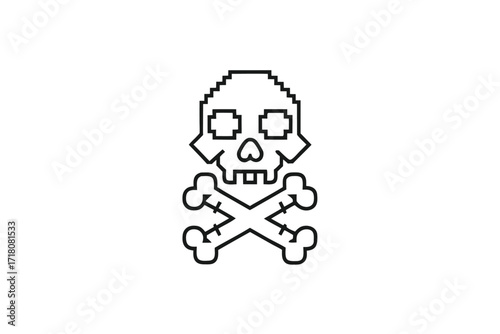 Pixel Skull and Crossbones Icon Outline Style on White Background Retro Design