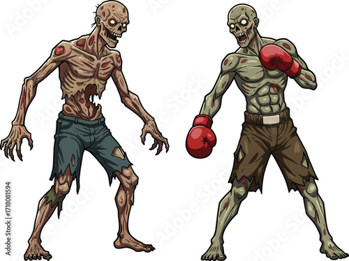 PrintZombie fighter illustration, scary undead boxer artwork, horror monster character, creepy Halloween ghoul design, apocalyptic walking dead creature, spooky cartoon zombie drawing