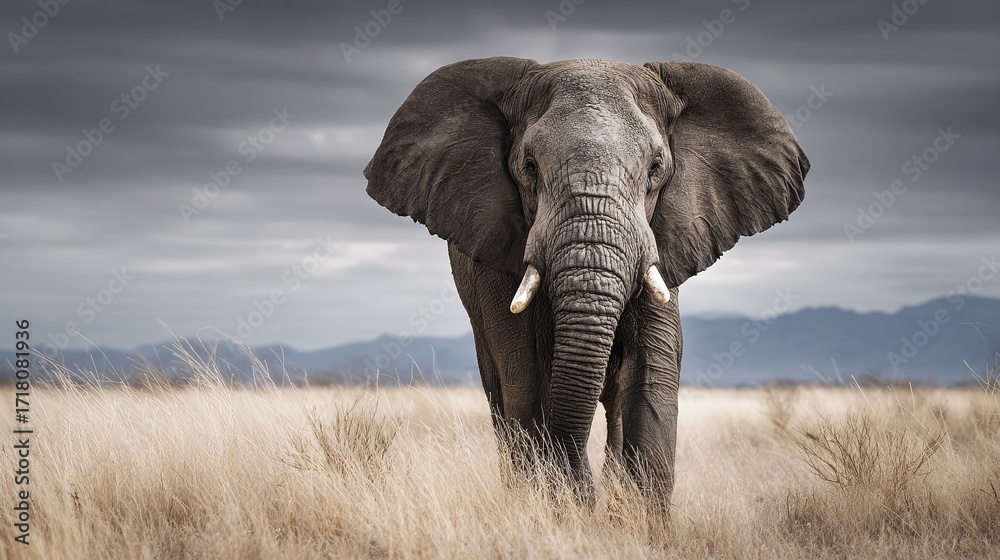 Obraz premium Majestic African Elephant: A powerful portrait of an elephant in its natural habitat, highlighting its size and gentle nature.