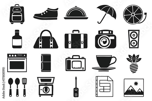Assortment of everyday object icons in a grid suitcase
