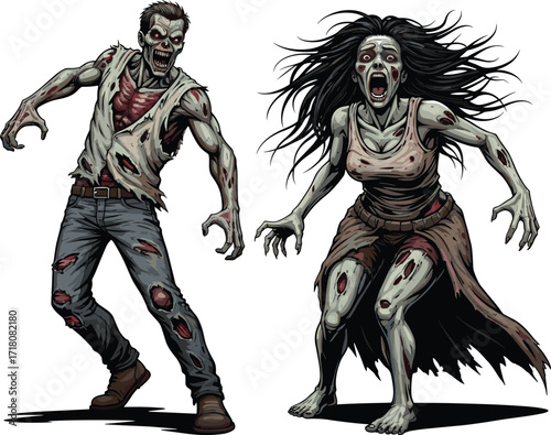 PrintZombie vector illustration, scary undead characters, creepy monster artwork, spooky Halloween design, dark fantasy theme, bloody apocalypse, haunted nightmare, evil horror creature