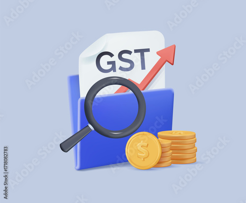 GST tax 3D render vector illustration. Stock market online business concept. business Graph with GST. GST goods services tax. Tax Form Documents. Indirect tax on the supply
