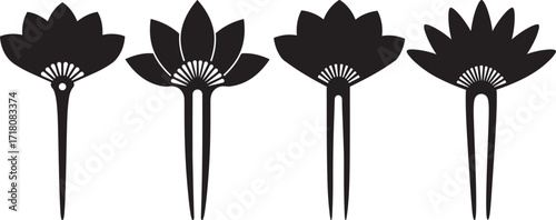 Four stylized floral hairpins in a graphic silhouette design