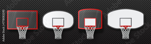 Basketball hoop. Basket net backboard. Realistic court net for player competition. 3D professional ring front view. Streetball playground. Team game. Vector isolated sport equipment set